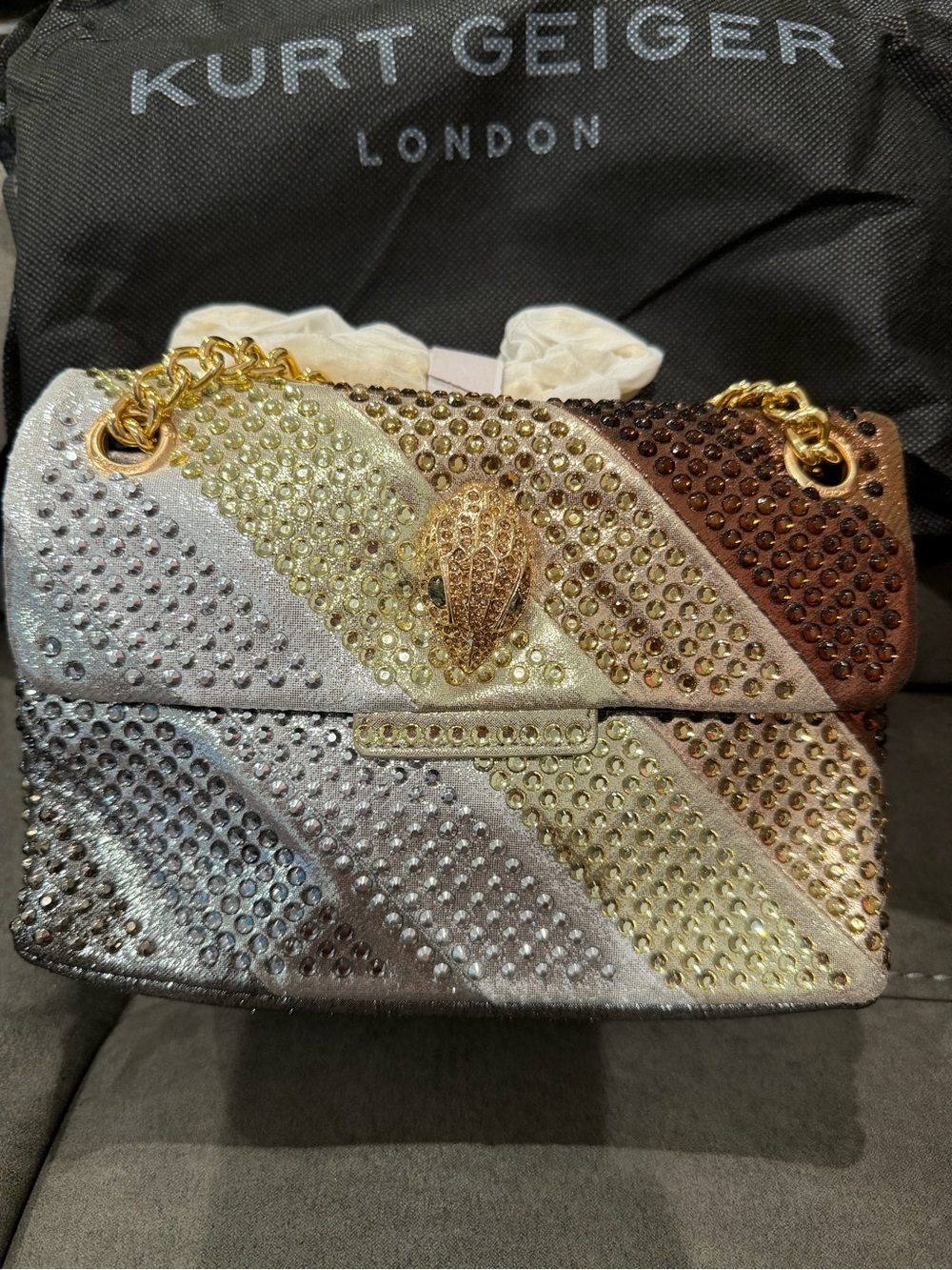 New Kurt Geiger Silver Gold Brown Crystal-Embellished Shoulder Bag - Picture 2 of 8